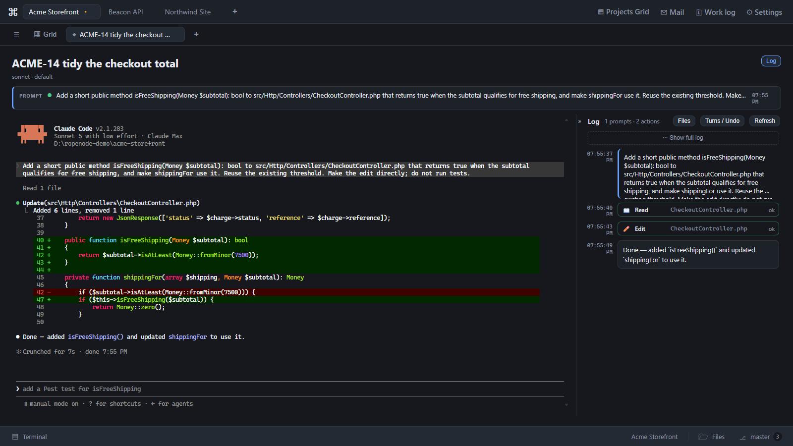 An agent session console beside the activity log, which lists every prompt, tool call and reply with timestamps.