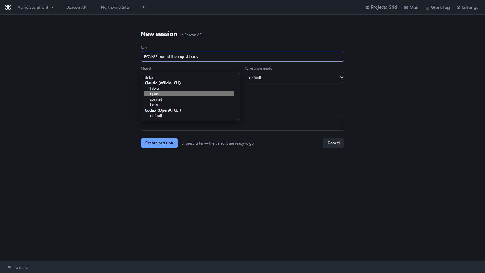 The new-session model picker, listing Claude (official CLI) and Codex (OpenAI CLI) as separate groups.