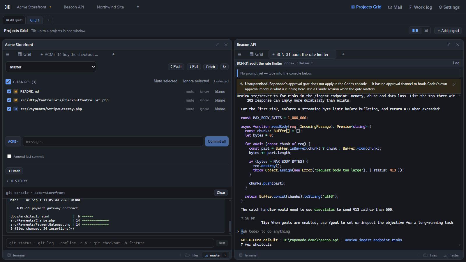 The Projects Grid with two complete project windows side by side — a git panel in one, an agent mid-task in the other.