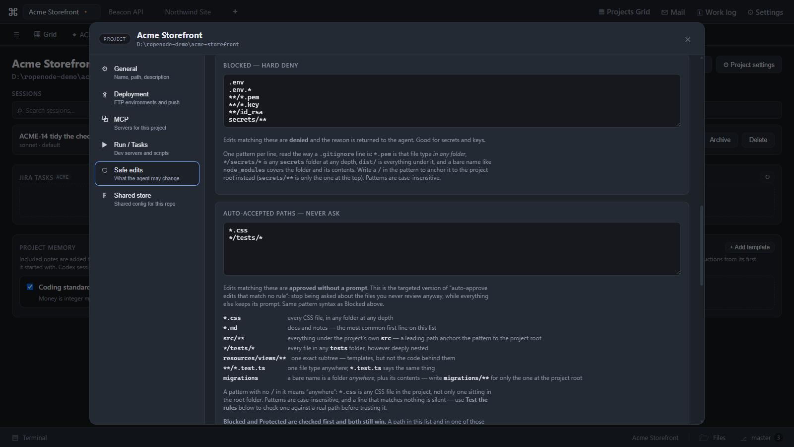 The edit policy showing hard-denied globs (.env, keys, secrets) and auto-accepted paths (stylesheets, tests), with the pattern syntax explained beside each list.