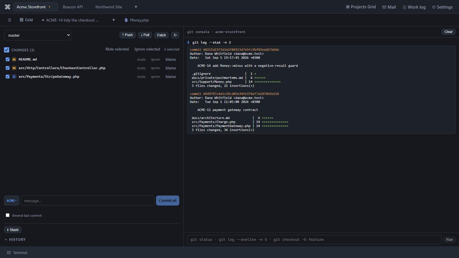 Changed files with mute, ignore and blame, a commit box carrying the project's Jira prefix, and a live git console showing real command output.